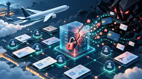Illustrazione concettuale di una violazione informatica ai dati delle prenotazioni aeree
