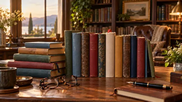 Collezione di libri su una scrivania d'autore in una biblioteca