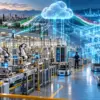 Fabbrica con robot, sensori e gemello digitale connessi in rete