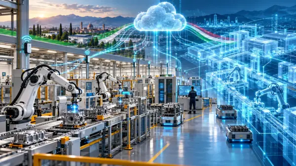Fabbrica con robot, sensori e gemello digitale connessi in rete
