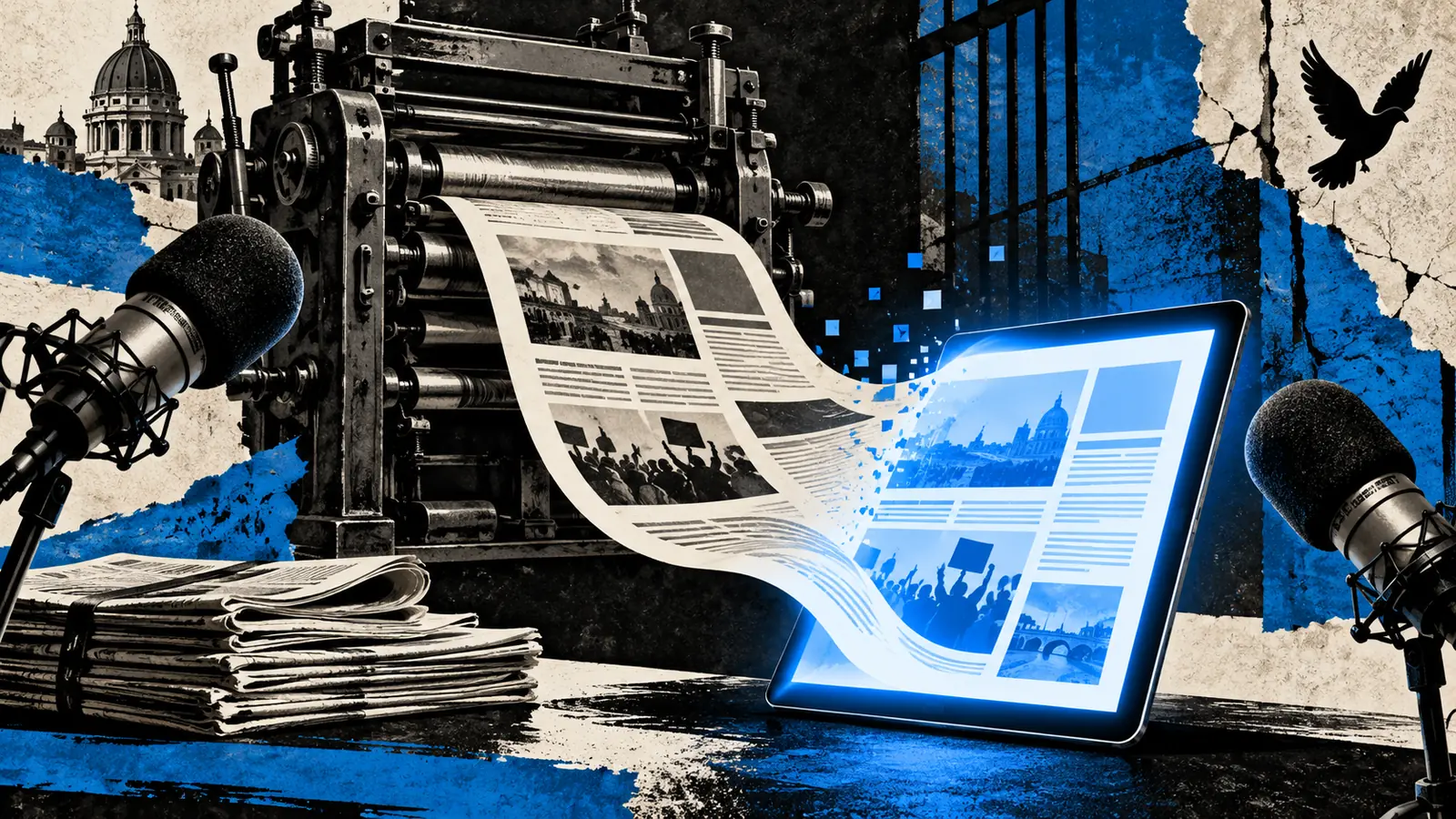 Una rotativa trasforma un giornale in un tablet tra due microfoni