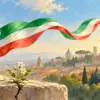 Microfono, nastro tricolore e un fiore tra la pietra: allegoria musicale della rinascita italiana.