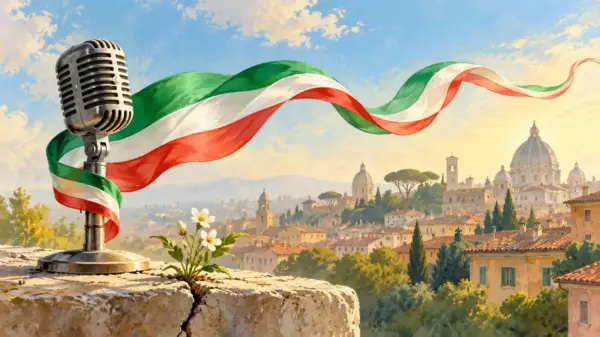 Microfono, nastro tricolore e un fiore tra la pietra: allegoria musicale della rinascita italiana.