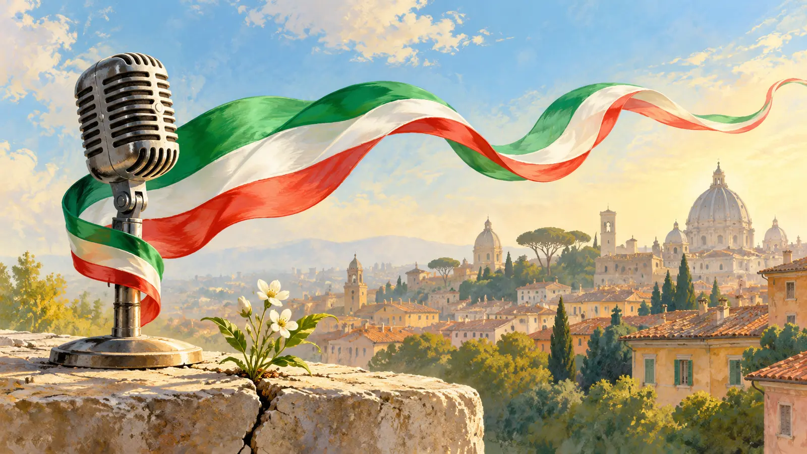 Microfono, nastro tricolore e un fiore tra la pietra: allegoria musicale della rinascita italiana.