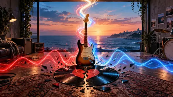 Chitarra elettrica tra onde rosse e blu e un vinile spezzato a forma di cuore