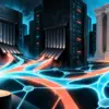 Microfono e flussi di comunicazione tra server e un portale aperto, allegoria della libertà di parola online
