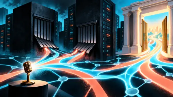 Microfono e flussi di comunicazione tra server e un portale aperto, allegoria della libertà di parola online