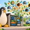 Pinguino e computer modulare collegati a un albero di collaboratori, simbolo della crescita del software open source