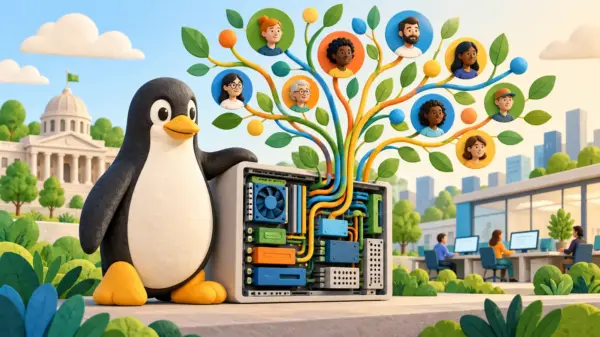 Pinguino e computer modulare collegati a un albero di collaboratori, simbolo della crescita del software open source