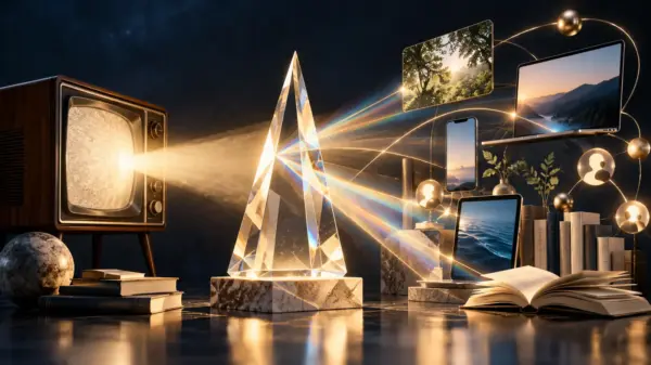 La luce di un televisore attraversa un prisma e collega libri e schermi contemporanei: allegoria dell’ecologia dei media e del pensiero di McLuhan