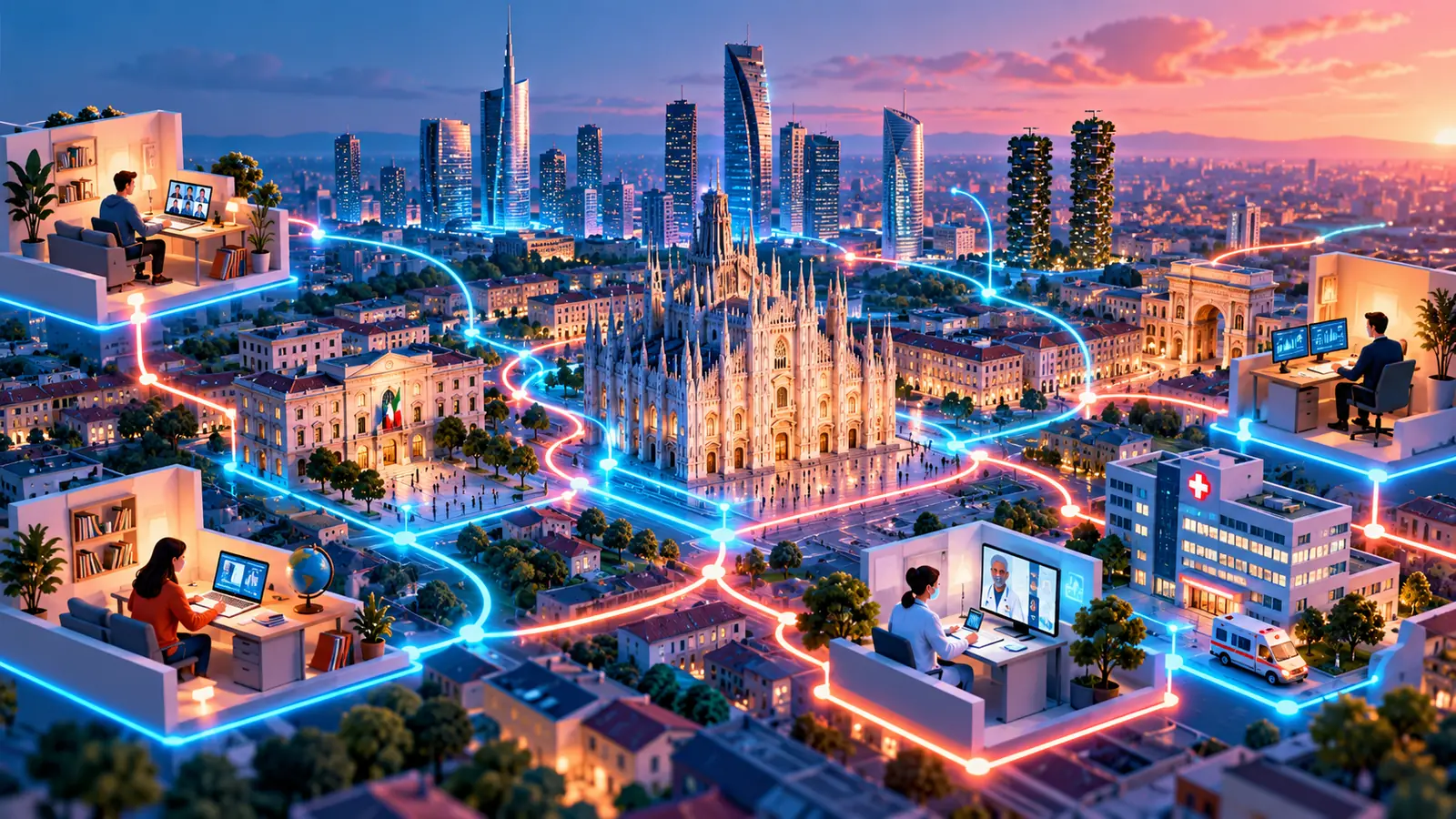 Milano collegata da una rete digitale tra case, lavoro e servizi sanitari