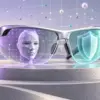 Occhiali intelligenti con volto astratto e scudo, simboli di riconoscimento facciale e privacy