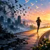 Una persona corre su un ponte verso l’alba mentre il tempo immobile si dissolve alle sue spalle