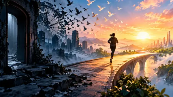 Una persona corre su un ponte verso l’alba mentre il tempo immobile si dissolve alle sue spalle