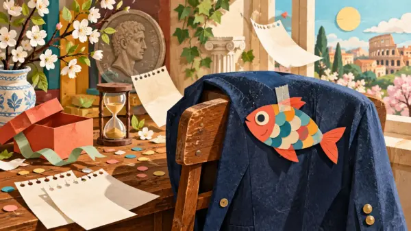 Pesce di carta su una giacca tra simboli della primavera e della storia del primo aprile