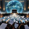 Petizione globale e sedia istituzionale vuota in una composizione editoriale sulla responsabilità dell’OMS
