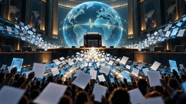 Petizione globale e sedia istituzionale vuota in una composizione editoriale sulla responsabilità dell’OMS