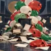 Podio vuoto sommerso da palloncini tricolori sgonfi, documenti e scacchi contrapposti