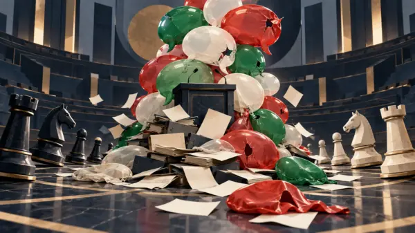 Podio vuoto sommerso da palloncini tricolori sgonfi, documenti e scacchi contrapposti