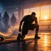 Atleta anonimo si rialza all’alba mentre una scia musicale attraversa la palestra