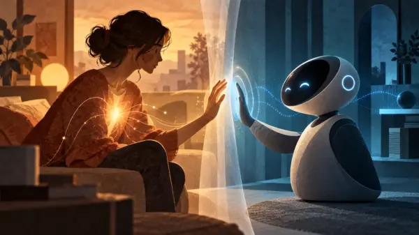 Illustrazione editoriale di una persona e un robot separati da un velo, simbolo del confine tra affetto autentico e simulato