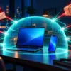 Computer protetto da uno scudo digitale contro phishing, malware e furti di dati