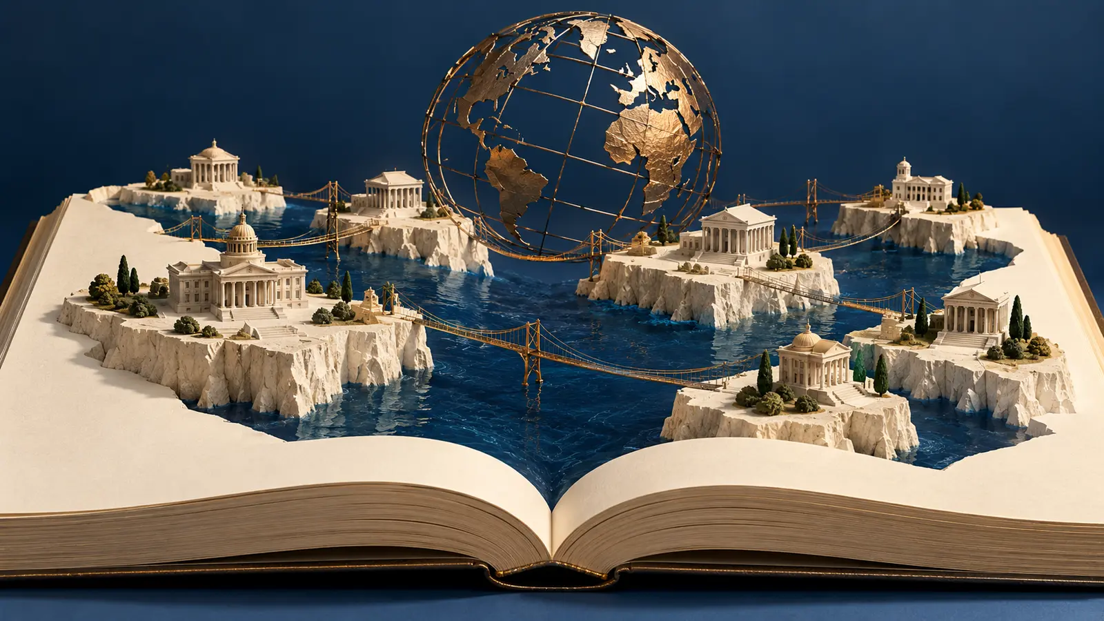Libro aperto con isole istituzionali e ponti, allegoria del ritorno degli Stati nazionali