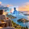 Consulto medico digitale collega una casa tra montagne, isole e città