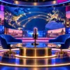 Studio televisivo con microfono, premi luminosi e collegamenti tra Roma e New York