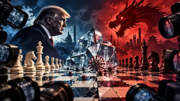Trump, Cina e informazione rappresentati come confronto geopolitico su una scacchiera