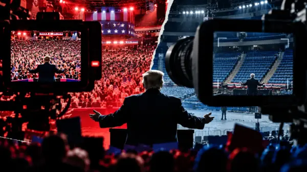 Arena politica mostrata affollata e vuota attraverso due diverse inquadrature televisive
