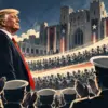 Illustrazione editoriale di Trump davanti a cadetti in un'accademia militare