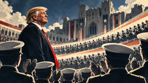 Illustrazione editoriale di Trump davanti a cadetti in un'accademia militare