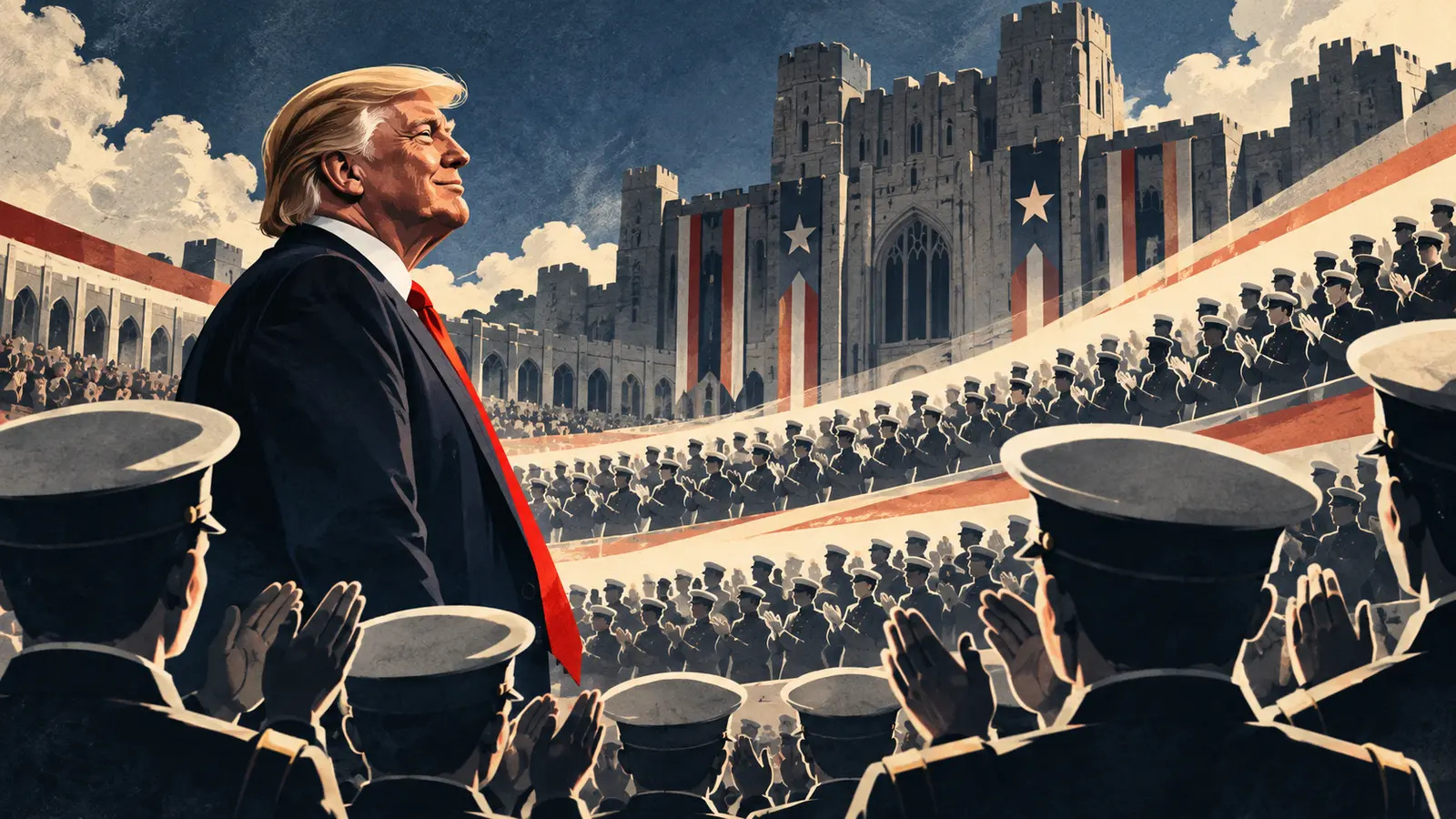 Illustrazione editoriale di Trump davanti a cadetti in un'accademia militare