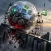 Una grande sfera di investimenti tecnologici in bilico viene stabilizzata da impalcature e nuovi asset luminosi: allegoria della difficile ripresa di Vision Fund