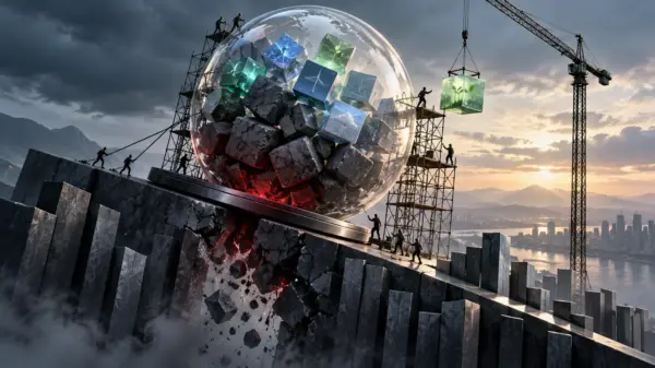 Una grande sfera di investimenti tecnologici in bilico viene stabilizzata da impalcature e nuovi asset luminosi: allegoria della difficile ripresa di Vision Fund