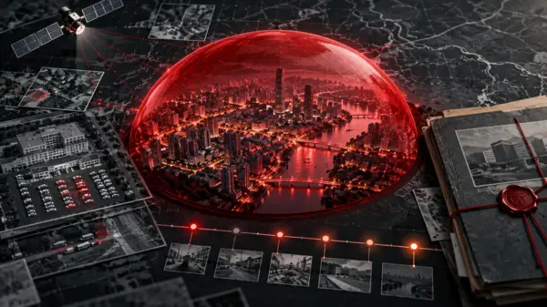 Una città sotto una cupola rossa è osservata da griglie satellitari, tracciati e indizi luminosi: allegoria del mistero sulla cronologia di Wuhan